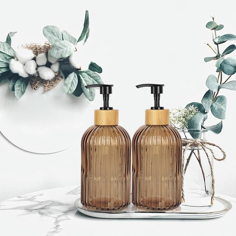 Ulable Amber Glass Soap Dispenser with Pump, 2 Pack 13.5oz Vertical Stripe Design Hand Soap Dispenser for Hand Wash, Dish Wash, Elegant Dispenser for Bathroom and Kitchen - Image 5